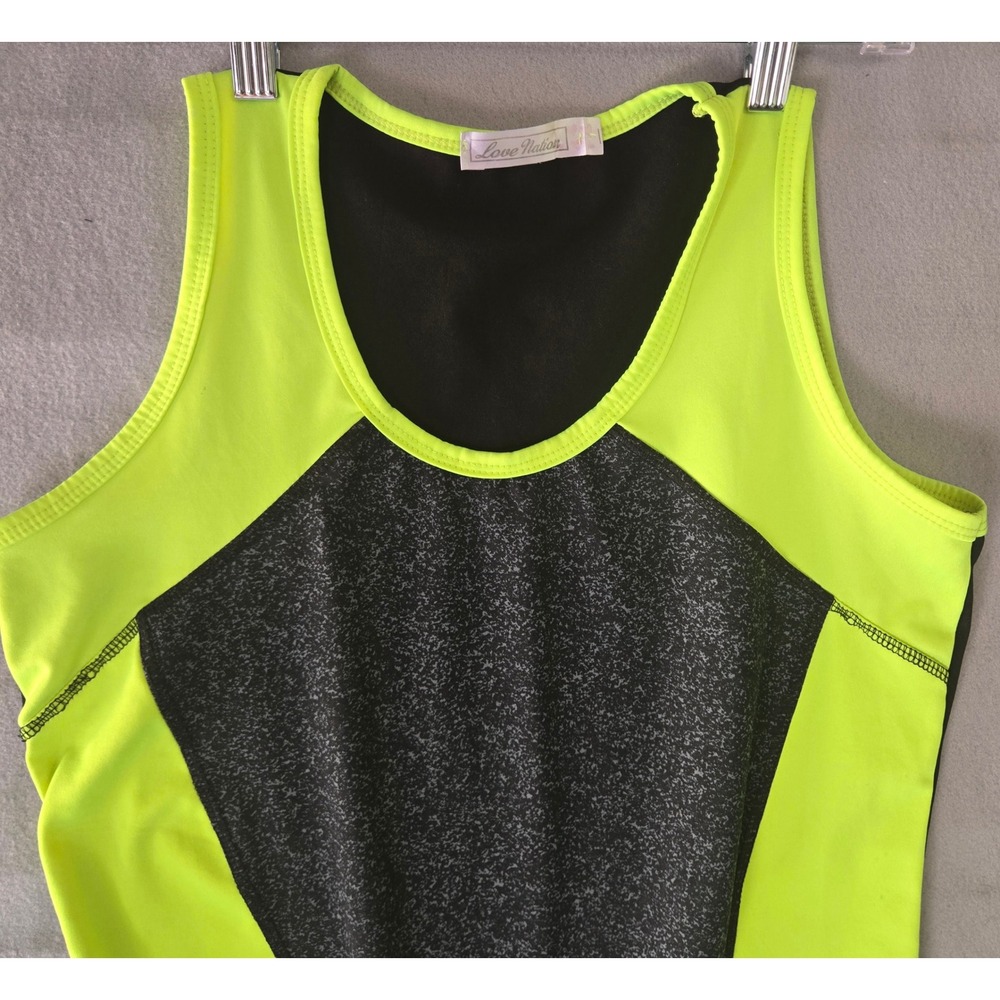 Love Nation Womens Activewear Set Neon Yellow Black Space Tank Shorts 2‎ Piece